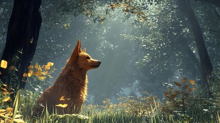 Enchanted Forest Fantasy Dog Wandering in Fairy Tale Landscape