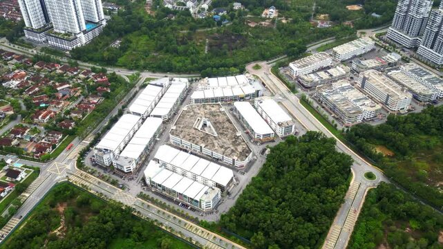 Zoom in on an aerial view of shop lots in Bandar Puteri Bangi in the residential area in Malaysia