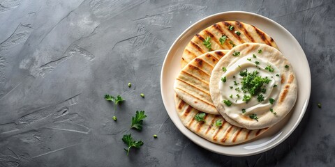 Traditional Bursa Pita Bread with Tahini on White Plate Against Grey Backdrop