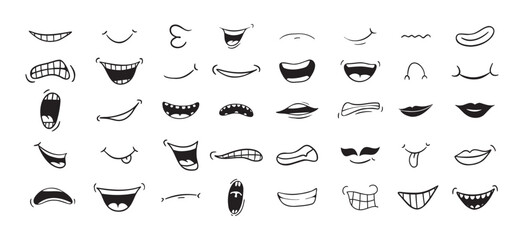 Cartoon mouth happy, smile, sad, angry expression doodle set. Hand drawn mouth, tongue caricature icon. Funny comic mouth collection 