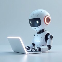 Cute friendly artificial intelligence robot using laptop computer with white neon glow light, chatbot and AI assistant concept futuristic technology 3d illustration, banner