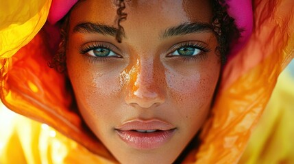 Close-Up Portrait of a Woman with Freckles and Intense Gaze