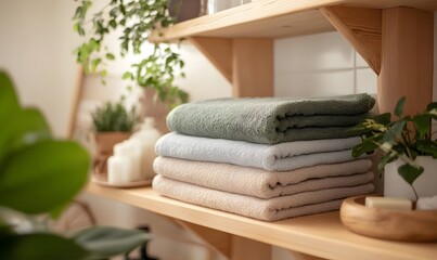 A set of realistic, plush terry towels in various colors, neatly folded on a shelf in a cozy, Generative AI