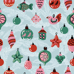Christmas baubles with fir branches. Vintage Christmas glass on blue background. Red and green Christmas balls. Retro ornament seamless pattern.