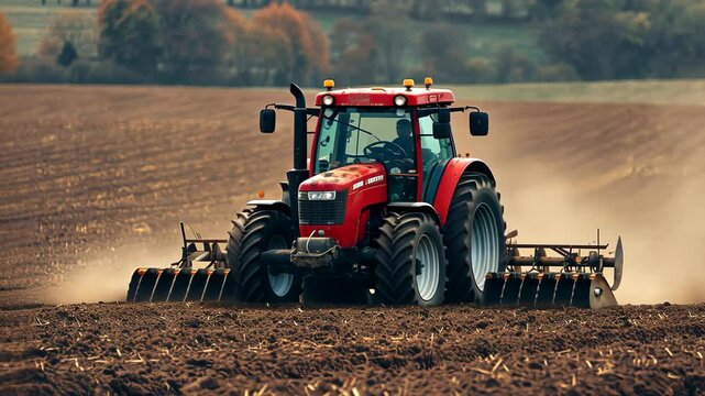 A red tractor levels the soil on a vast field with surrounding trees in the misty background, symbolizing agriculture and farming.