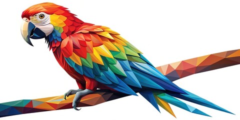 Obraz premium Vibrant Polygon Macaw Parrot Illustration on Branch - Vector Art for Nature Lovers and Designers