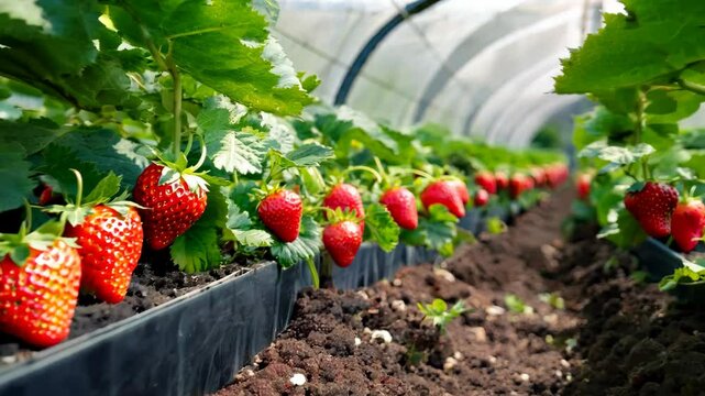 Fresh Strawberries Growing in Greenhouse Rows