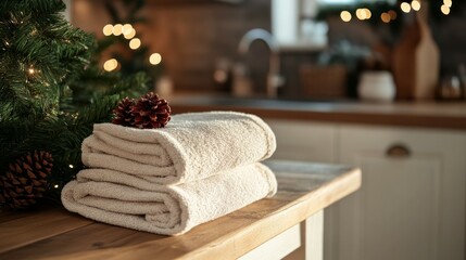 Towels on the counter, Christmas tree in the background
