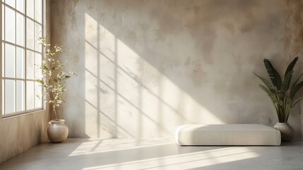 Fototapeta premium Bright and airy interior space with a minimalistic design showcasing natural light, a comfortable bed, and decorative plants, creating a serene and peaceful atmosphere.