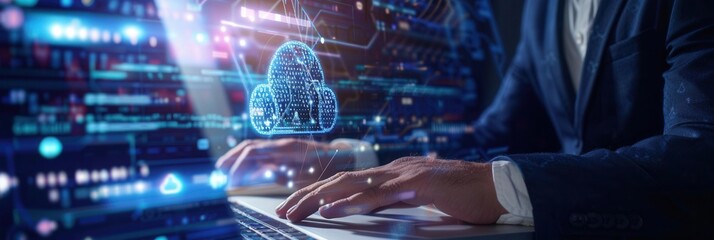 A person in business attire is using a laptop, concentrating on a cyber security project that showcases data protection technology. Generative AI