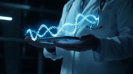 2410_016.doctor in white coat holding holographic tablet, glowing dna strand projection, dark background, futuristic medical interface, blue light emanating from device, cinematic lighting,