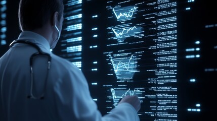 2410_017.healthcare professional interacting with virtual medical data, luminous genetic code display, stethoscope around neck, dramatic chiaroscuro effect, sleek technological aesthetic, ultra-high