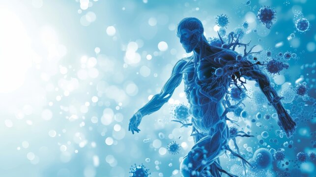 A digital representation of the human body with a blue hue, depicting connective tissue and cells in a dynamic environment, showcasing the complexity of human biology.
