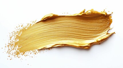 Abstract Gold Paint Stroke with Splashes on White Background