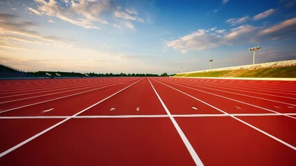 A wide shot of an empty athletic track under a vibrant sky, suggesting a scene of competition or training