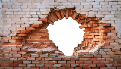 A hole in a brick wall isolated on transparent background 