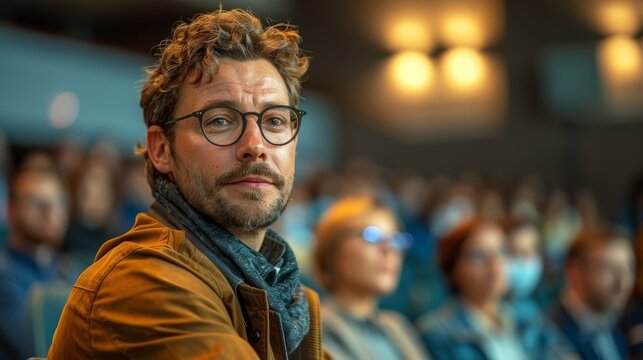 A man with glasses is sitting in a crowd of people