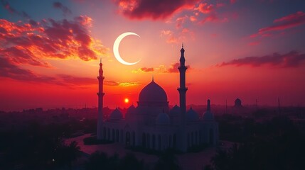 A silhouette of a mosque with a crescent moon in the sky during a vibrant sunset.