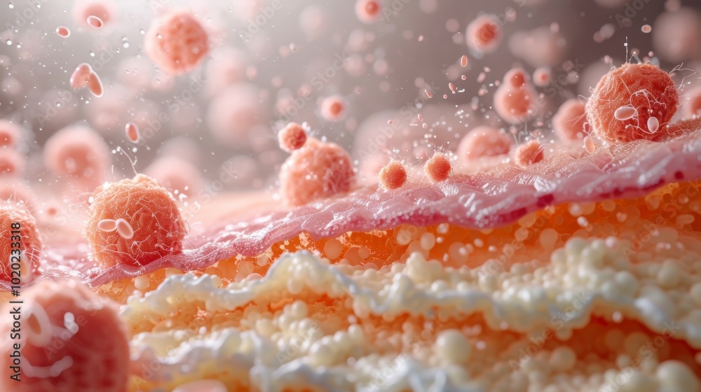 Aufkleber Visual representation of microscopic structures with vibrant colors, showcasing intricate details of cellular elements and textures in a dynamic environment.