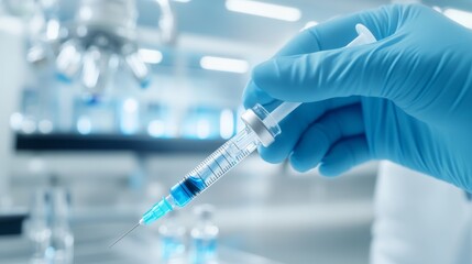2410_061.close-up of a hand in blue medical gloves holding a syringe filled with blue liquid, vial in the other hand, sterile medical environment, bright laboratory background, modern healthcare