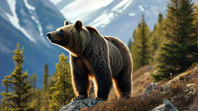 A majestic bear roams through a vibrant mountain landscape, showcasing the tranquil beauty of nature in cinematic detail