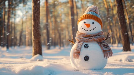 Cheerful snowman with hat and scarf in snowy winter forest meadow among tree trunks, perfect for christmas-themed illustrations, greeting cards, invitations, covers, and holiday prints