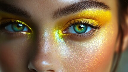 Fototapeta premium Close-Up Portrait of a Woman with Gold Glitter Makeup and Green Eyes