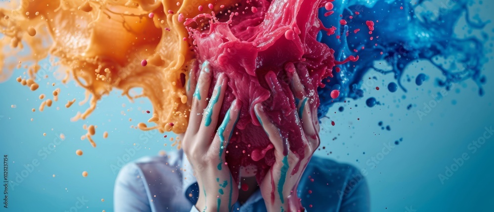 Poster a person submerged in vibrant colors, representing emotions and creativity. the image features splas