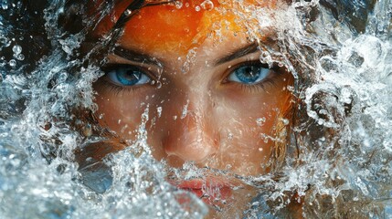 Close Up Portrait of a Woman with Water Splashing Around Her Face