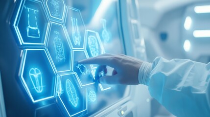 2410_110.doctors in a modern hospital setting, surrounded by holographic hexagonal grids displaying medical research, surgery, and diagnostic tools a hand reaches out, interacting with a glowing