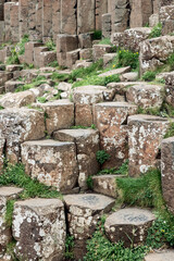 Vertical view of hexagonal basalt columns at Giant Causeway, Northern Ireland, featuring weathered stones and green grass growing between them