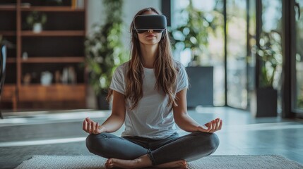 Young woman sitting cross-legged on the floor, exploring a VR meditation app, showcasing tech-assisted mindfulness.