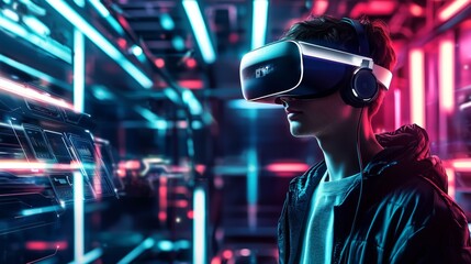 Young Man Wearing VR Headset in Futuristic Environment