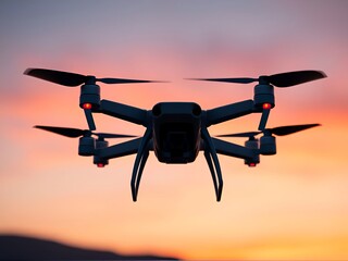 Drone quadcopter flying in the sunset