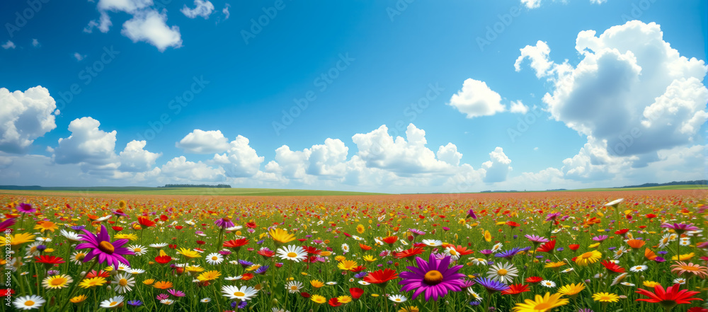 Wall mural a sprawling field of flowers, blossoming vibrantly in the spring, beneath a clear azure sky.