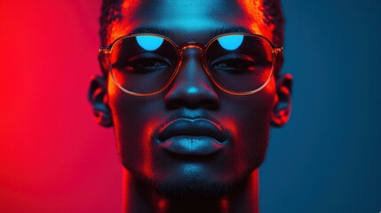 Close-up Portrait of a Man Wearing Glasses in Red and Blue Lighting