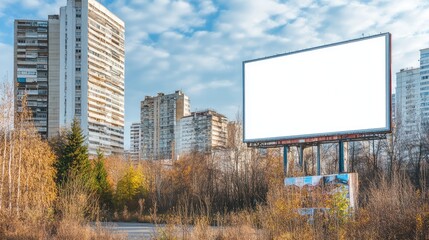 Obraz premium Outdoor billboard with a blank white screen, set in front of sleek, modern buildings with ample copy space.