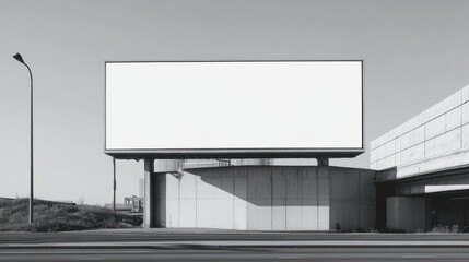 Fototapeta premium Outdoor billboard with a clean white screen, featuring minimalist architecture and ample copy space.