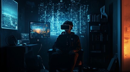 Gamer in Dark Room with VR Headset