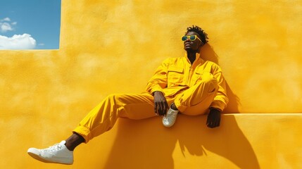 Man in Yellow Jumpsuit Sitting on Wall, Fashion Photography