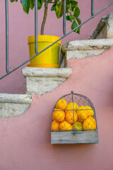 Decorative arrangement of lemons in Limone sul Garda, Italy, Europe	