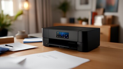Modern printer on a desk with documents and office supplies in a bright workspace.