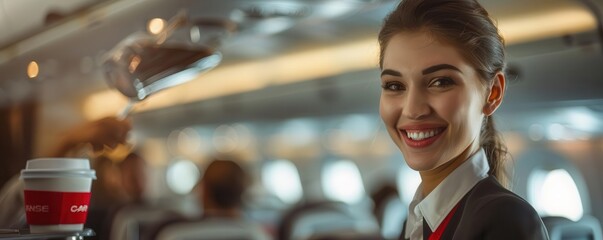 Close-up of a flight attendant pouring coffee for a passenger in the airplane cabin ultra-clear image