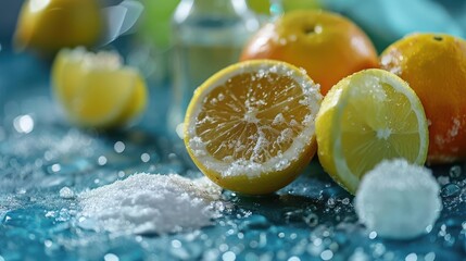 Close-up of natural cleaning products like vinegar and baking soda detailed textures and precision