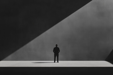A solitary figure standing in the dramatic interplay of light and shadow in a minimalist space