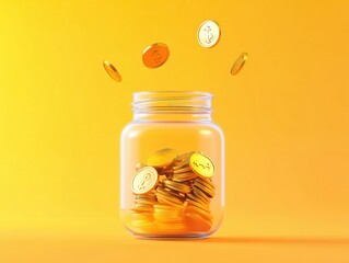 A glass jar filled with coins against a bright yellow background, featuring several coins appearing to fall into it.