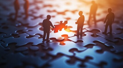 Paper businessman figures in 3D collaborating to complete a large jigsaw puzzle, symbolizing effective teamwork and unity.