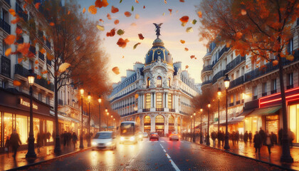 Naklejka premium Parisian street scene during autumn, with leaves falling and classic architecture at sunset, evoking romance and nostalgia