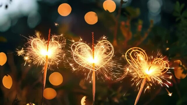 The frame depicts glowing heart shaped sparklers in a joyful night setting, emphasizing celebration and romance with vibrant lights