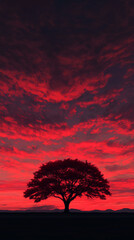 Fototapeta premium Majestic tree silhouette against a vibrant red sunset in a serene landscape